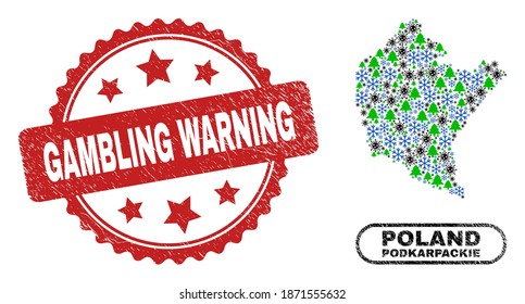Vector Covid New Year composition Podkarpackie Voivodeship map and Gambling Warning unclean stamp print. Gambling Warning watermark uses rosette shape and red color.