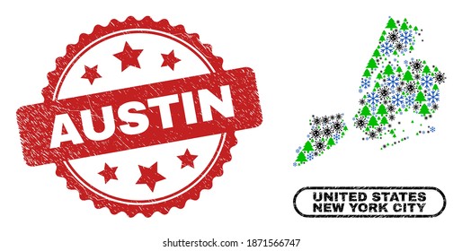 Vector Covid New Year composition New York City map and Austin textured seal. Austin stamp seal uses rosette shape and red color. Collage New York City map is organized with scattered covid, frost,
