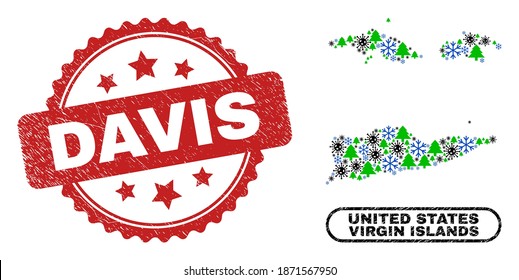 Vector Covid New Year composition American Virgin Islands map and Davis grunge stamp imitation. Davis seal uses rosette shape and red color.