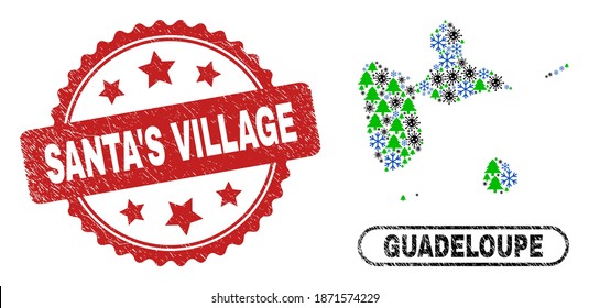 Vector Covid New Year Composition Guadeloupe Map And Santa'S Village Scratched Stamp Seal. Santa'S Village Stamp Uses Rosette Shape And Red Color.