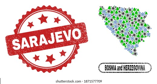Vector Covid New Year composition Bosnia and Herzegovina map and Sarajevo dirty stamp. Sarajevo stamp seal uses rosette shape and red color.