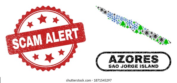 Vector Covid New Year Mosaic Sao Jorge Island Map And Scam Alert Textured Seal. Scam Alert Imprint Uses Rosette Shape And Red Color. Collage Sao Jorge Island Map Is Created From Random Covid, Snow,