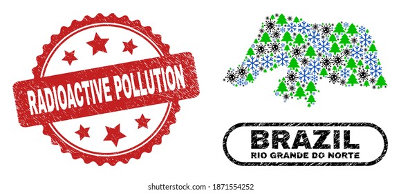Vector Covid New Year mosaic Rio Grande do Norte State map and Radioactive Pollution rubber stamp seal. Radioactive Pollution watermark uses rosette shape and red color.