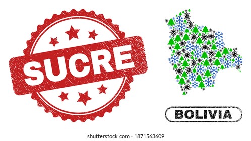 Vector Covid New Year mosaic Bolivia map and Sucre scratched seal. Sucre stamp seal uses rosette shape and red color. Collage Bolivia map is formed of randomized Covid, snow flake, fir tree items.