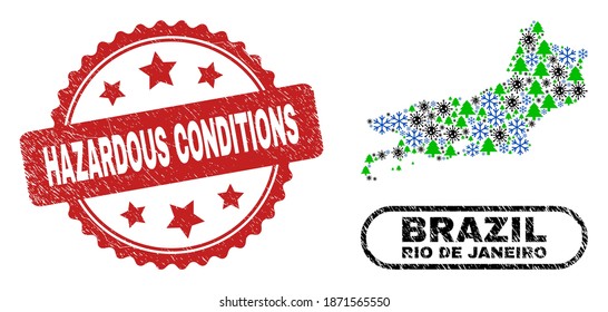 Vector Covid New Year mosaic Rio de Janeiro State map and Hazardous Conditions rubber stamp imitation. Hazardous Conditions watermark uses rosette shape and red color.
