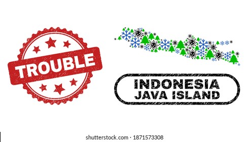 Vector Covid New Year mosaic Java Island map and Trouble dirty stamp seal. Trouble seal uses rosette shape and red color. Mosaic Java Island map is organized from randomized Covid, frost,