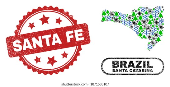 Vector Covid New Year mosaic Santa Catarina State map and Santa Fe corroded stamp seal. Santa Fe stamp seal uses rosette shape and red color.