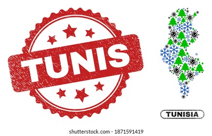 Vector Covid New Year mosaic Tunisia map and Tunis unclean stamp imitation. Tunis stamp uses rosette shape and red color. Mosaic Tunisia map is done with random Covid, frost, New Year Tree icons.