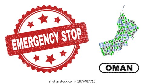 Mosaico de Año Nuevo Vector Covid Mapa de Omán y sello rayado de parada de emergencia. El sello de sellado de la marca Stop de emergencia utiliza forma de rosette y color rojo. Collage Oman map está formado por virus al azar, copo de nieve,
