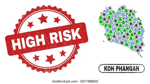 Vector Covid New Year mosaic Koh Phangan map and High Risk dirty stamp. High Risk stamp seal uses rosette shape and red color. Collage Koh Phangan map is formed of random infection, snow,