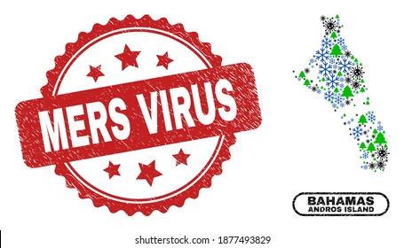 Vector Covid winter collage Andros Island of Bahamas map and Mers Virus corroded seal. Mers Virus seal uses rosette shape and red color.