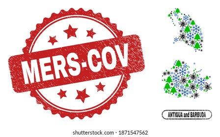 Vektor Covid Winter Collage Antigua und Barbuda Karte und Mers-Cov korrodierte Stempel. Der Mers-Cov Stempel verwendet Rosette-Form und rote Farbe. Die Karte von Collage Antigua und Barbuda wird vom randomisierten Corona-Virus erstellt.