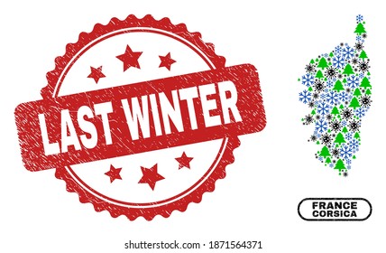 Collage de invierno Vector Covid Mapa de Córcega y sello sucio del último invierno. El último sello de invierno utiliza forma de rosette y color rojo. Collage Corsica map está hecho de virus disperso covid- 2019,