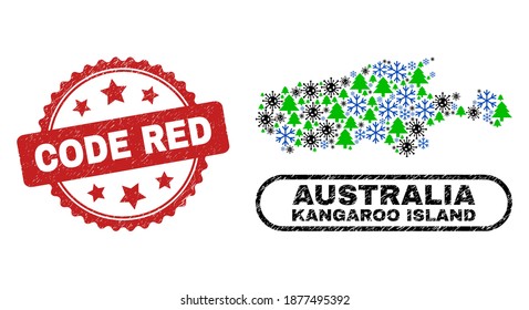 Vector Covid winter collage Kangaroo Island map and Code Red unclean stamp. Code Red stamp uses rosette shape and red color. Collage Kangaroo Island map is composed of randomized covid- 2019 virus,