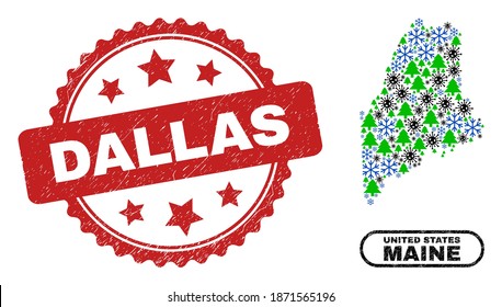Vector Covid winter collage Maine State map and Dallas dirty stamp imitation. Dallas stamp uses rosette shape and red color. Collage Maine State map is organized from random viral, snow flake,