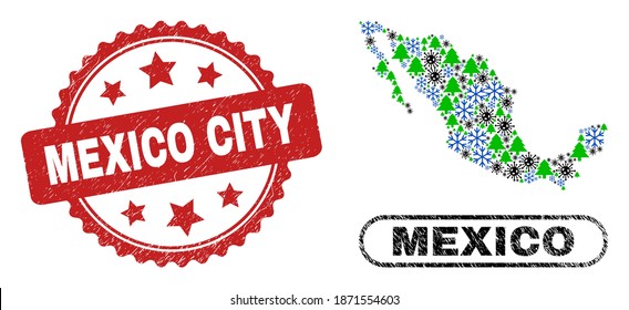 Vector Covid winter collage Mexico map and Mexico City scratched seal. Mexico City seal uses rosette shape and red color. Collage Mexico map is formed with randomized covid- 2019 virus, snow,