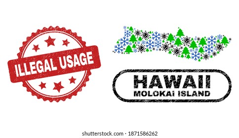 Vector Covid winter collage Molokai Island map and Illegal Usage rubber stamp print. Illegal Usage stamp seal uses rosette shape and red color.