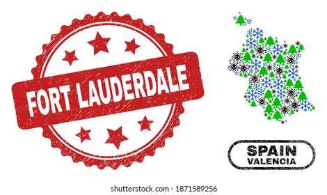 Vector Covid winter collage Valencia Province map and Fort Lauderdale rubber stamp seal. Fort Lauderdale stamp seal uses rosette shape and red color.