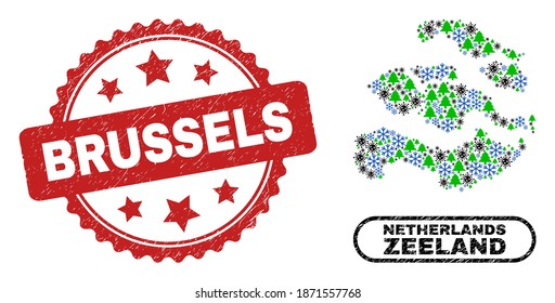 Vector Covid winter combination Zeeland Province map and Brussels unclean stamp seal. Brussels seal uses rosette shape and red color. Collage Zeeland Province map is composed with random virus,