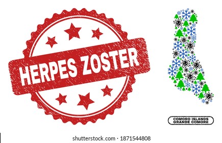 Vector Covid winter mosaic Grande Comore Island map and Herpes Zoster unclean seal. Herpes Zoster stamp seal uses rosette shape and red color.