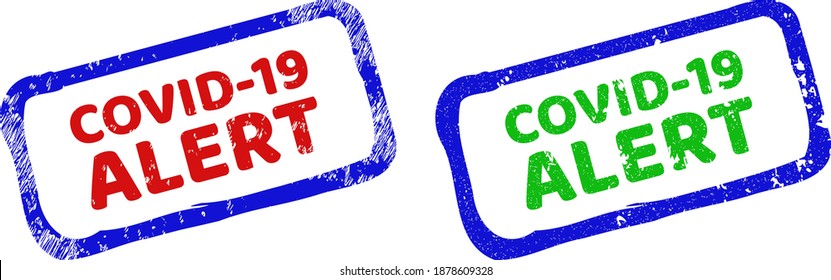 Vector COVID-19 ALERT framed watermarks with corroded style. Rough bicolor rectangle seal stamps. Red, blue, green colors used.