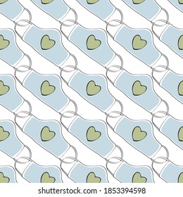 Vektor Covid19 Blue Face Masken mit grünen Herzen auf weißem Hintergrund Nahtlose Wiederholung Muster. Hintergrund für Textilien, Karten, Herstellung, Wallpaper, Druck, Geschenkverpackung und Scrapbooking.