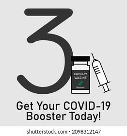 Vector for COVID-19 Booster shot showing vaccine bottle and needle and a big number 3 with message Get Your COVID-19 Booster Today. COVID-19 vaccination, protection, vaccine, 3rd dose.