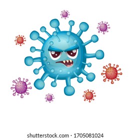 vector covid-19 cartoo angry virus character isolated on white background. My name is coronavirus concept iilustration. Evil blue virus cell microbe icon or sign.