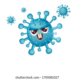 vector covid-19 cartoo angry virus character isolated on white background. My name is coronavirus concept iilustration. Evil blue virus cell microbe icon or sign.