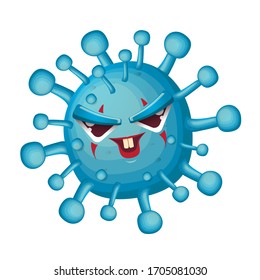 vector covid-19 cartoo angry virus character isolated on white background. My name is coronavirus concept iilustration. Evil blue virus cell microbe icon or sign.