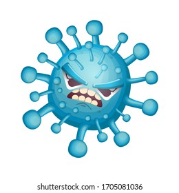 vector covid-19 cartoo angry virus character isolated on white background. My name is coronavirus concept iilustration. Evil blue virus cell microbe icon or sign.