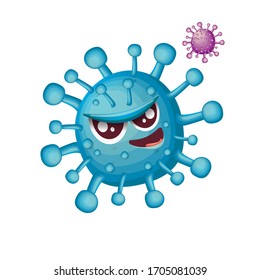 vector covid-19 cartoo angry virus character isolated on white background. My name is coronavirus concept iilustration. Evil blue virus cell microbe icon or sign.