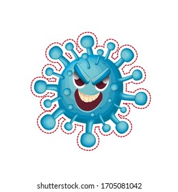 vector covid-19 cartoo angry virus character isolated on white background. My name is coronavirus concept iilustration. Evil blue virus cell microbe icon or sign.