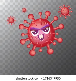 vector covid-19 cartoon funny angry virus character isolated on trasnparent background. My name is coronavirus concept iilustration. Evil bred virus cell microbe icon or sign.