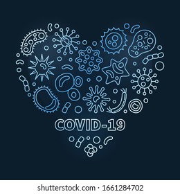 Vector Covid-19 Corona Virus Blue Heart linear concept illustration on dark background