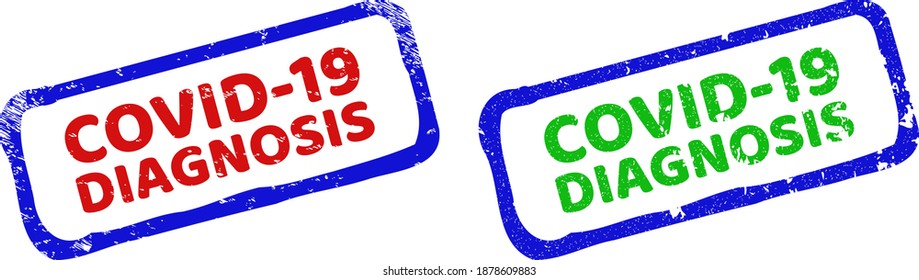 Vector COVID-19 DIAGNOSIS framed watermarks with scratched style. Rough bicolor rectangle watermarks. Red, blue, green colors used.