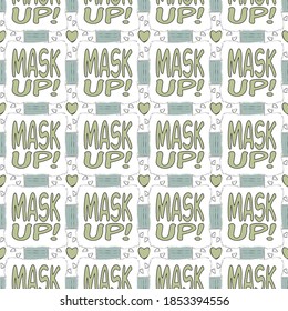 Vector Covid19 Green Surgical Face Masks with Text on White Background Seamless Repeat Pattern. Background for textiles, cards, manufacturing, wallpapers, print, gift wrap and scrapbooking.