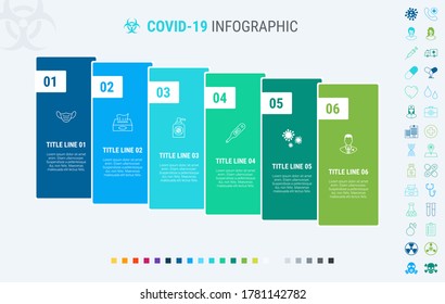 Vector covid-19 infographics timeline design template with graph elements. Content, schedule, timeline, diagram, workflow, coronavirus, infographic, flowchart. 6 steps infographic.