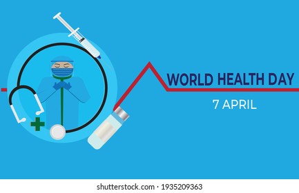 A vector of Covid-19 medical doctor praying with syringe, vaccine bottle and World Health Day 7 April word.