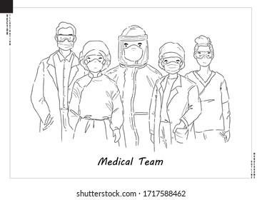 Vector of Covid-19 Medical team. Set of professional doctors and nurses waring medical face mask and protective gears. Cartoon style artwork.