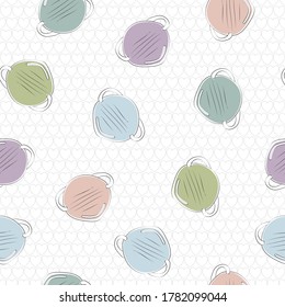 Vector Covid19 Pastel Face Dust Masks on White Background with Gray Hearts Seamless Repeat Pattern. Background for textiles, cards, manufacturing, wallpapers, print, gift wrap and scrapbooking.