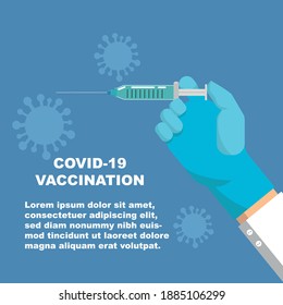 Vector Covid-19 Vaccination Time Illustration Doctor Hand Wearing Rubber Glove Holding A Coronavirus Vaccine Syringe Medical Concept Banner Poster Brochure Or Card Template 