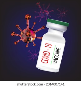 Vector Covid-19 Vaccine, Covid-19 vaccine bottle, Virus on a blue background, Covid-19 vaccine bottle on a blue background