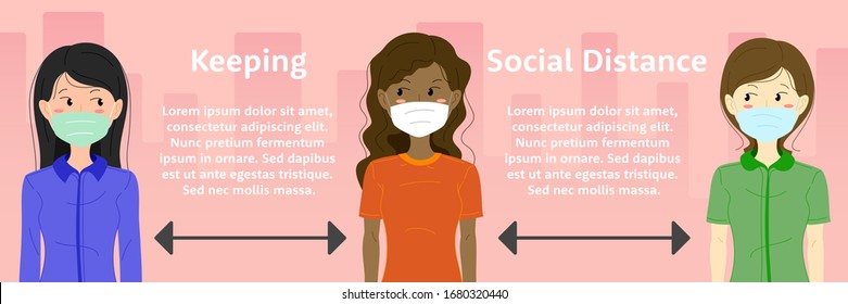 Vector COVID-19 virus epidemic protective concept infographic. Women wearing a surgical mask to prevent virus and keeping social distancing for infection risk and disease prevention. Space for text.