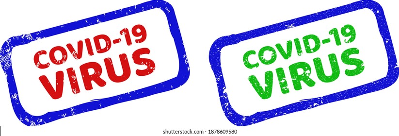 Vector COVID-19 VIRUS framed rubber imitations with corroded texture. Rough bicolor rectangle seal stamps. Red, blue, green colors used.