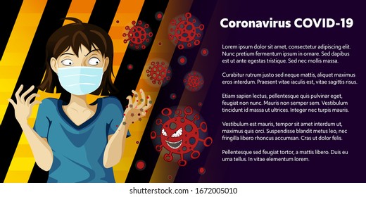 Vector COVID-19 virus microbiology concept infographic. A woman wearing a surgical mask to prevent virus.Is in anxiety panic and fear because of the coronavirus outbreak.Space illustration for text.