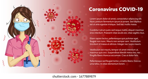 Infografía del concepto de microbiología del virus COVID-19. Una mujer que usa una máscara quirúrgica para prevenir el virus. Está en pánico de ansiedad y miedo debido al brote de coronavirus. Ilustración espacial para texto.