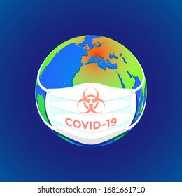 virus vectorial covid-19 enfermo la tierra Europa pandemia coronavirus concepto bioriesgo médico signo de peligro biológico enmascarado globo cartográfico aislado fondo oscuro
