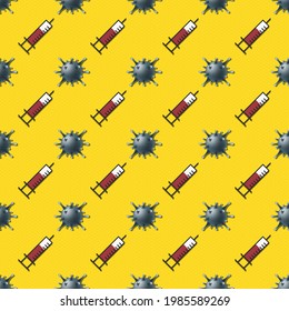 Vector COVID-19 virus and vaccine syringe icon symbol seamless pattern on bright yellow background. Use for fabric, textile, cover, template, decoration element, wrapping.