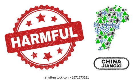 Vector Covid-2019 Christmas collage Jiangxi Province map and Harmful corroded seal. Harmful watermark uses rosette shape and red color. Collage Jiangxi Province map is created with random Covid-2019,